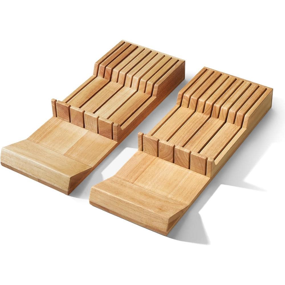 Natural Rubber Wood 18-Slot In-Drawer Knife Block Organizer