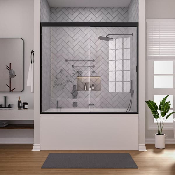 Breeze 60 in. W x 56 in. H Sliding Semi Frameless Tub Door in Matte Black Finish with Clear Glass