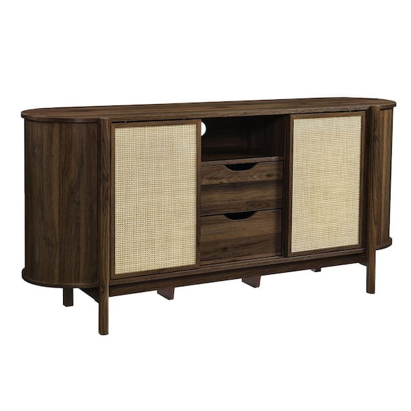 Reid Walnut MDF 61 Inch Curved Sideboard with Storage Cabinet and Drawers.