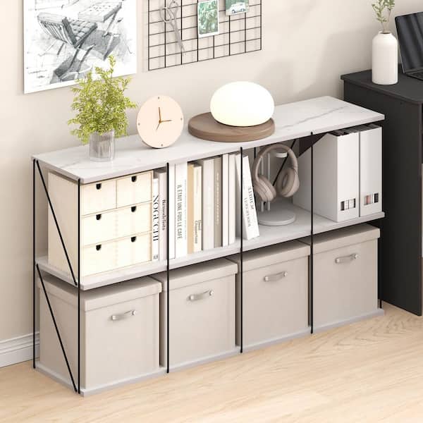 Furinno Besi 26.26 in. Tall Marble White Wood 8-Shelf Etagere Bookcase with Metal Frame