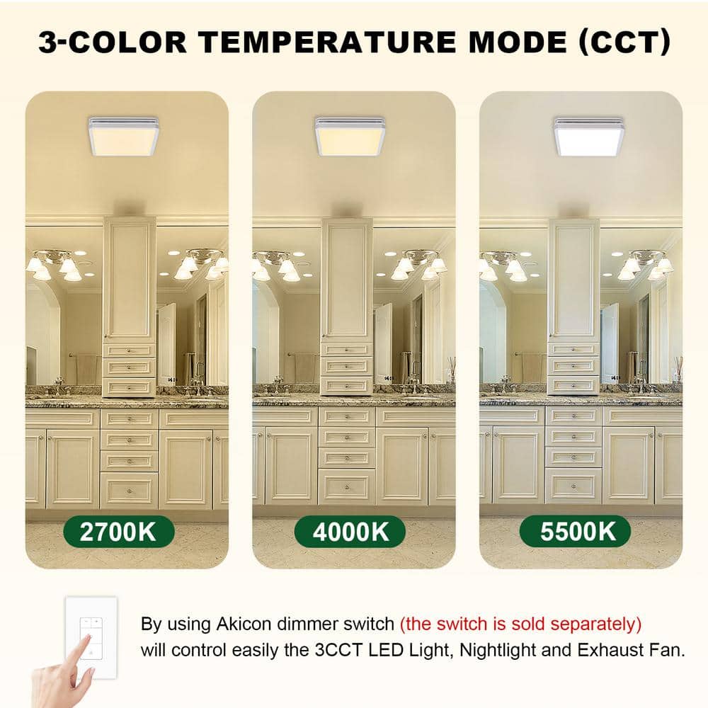 Silver Square Bathroom Exhaust Fan with Dimmable LED Light