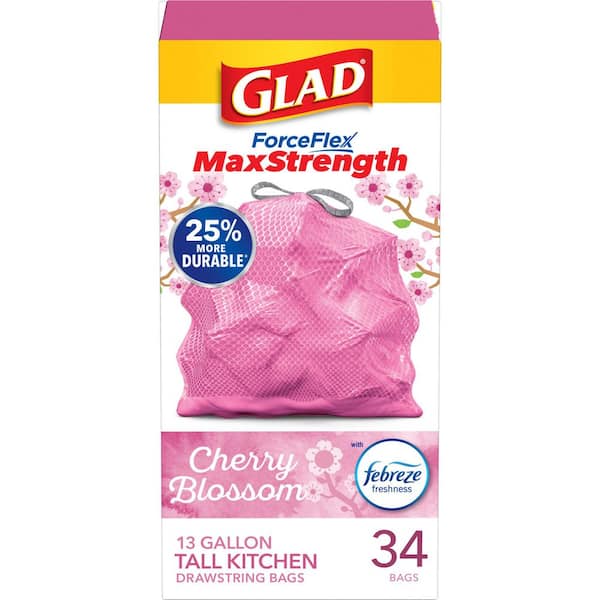 13 Gal. ForceFlex MaxStrength Tall Kitchen Drawstring Cherry Blossom with Febreze Pink Trash Bags (34-Count)