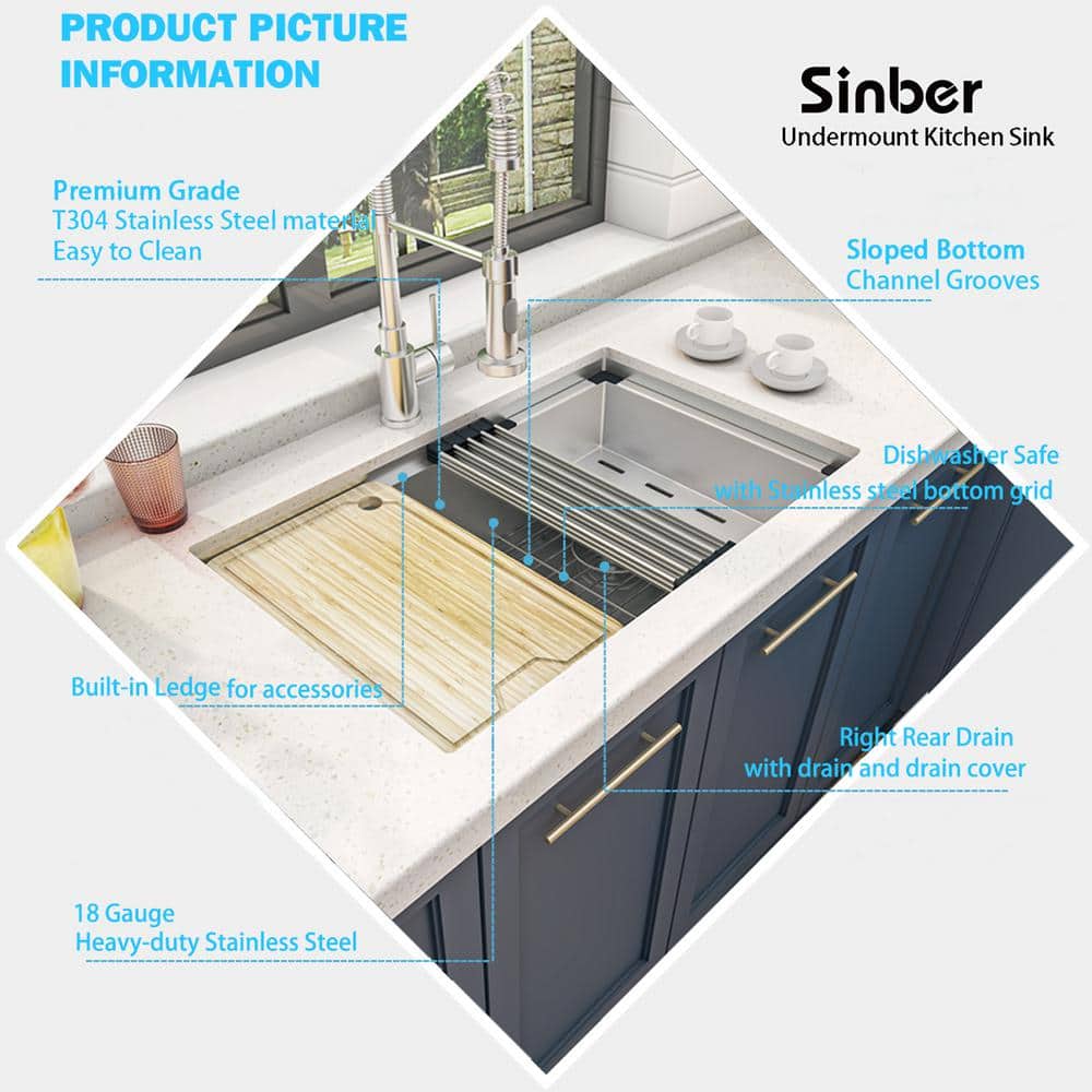 Sinber 30" Stainless Steel Drop-In Single Bowl Workstation Kitchen Sink