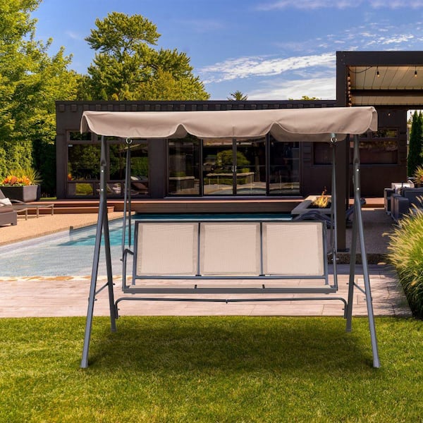 3-Person Beige Steel Frame Freestanding Patio Swing with Beige Soft Removable Cushion Adjustable Canopy Porch Swing Deck