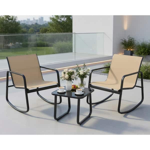 2-Piece Black Metal Rocking Bistro Set – Two Rockers & Tempered Glass Table for Balcony & Yard