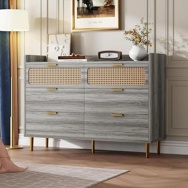 grey wicker dresser Garvee 47.2 in. 6 Drawer Rattan Dresser, Narrow Wicker Chest of Drawer with Railed Edge, Metal Legs, Gold Handles, Wood