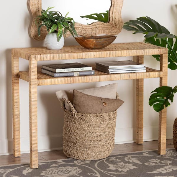 Kalimantan 39.4 in. Light Honey Rectangle Wicker Rattan Console Table
