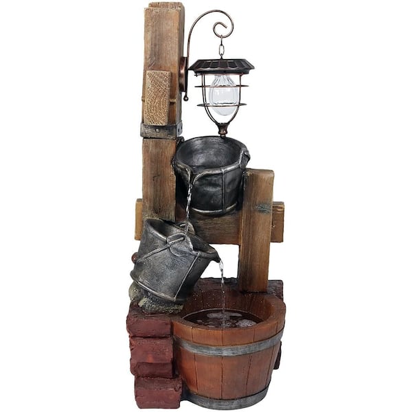 34 in. Rustic Pouring Buckets Outdoor Water Fountain with Solar Lantern