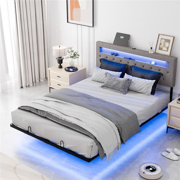 Karl home Gray Queen Size Floating Bed Frame with Upholstered Headboard/Charging Station,RGB LED Lights