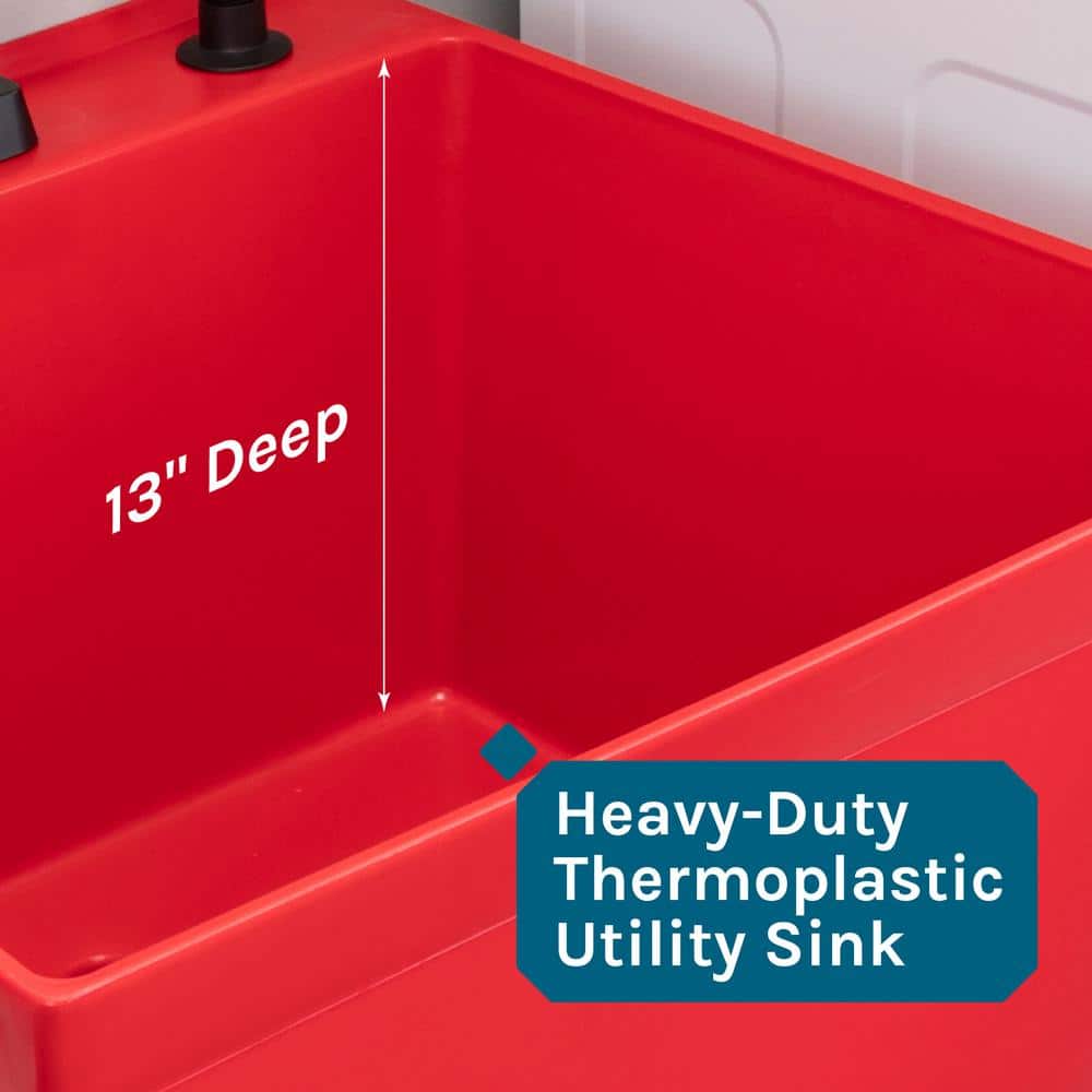 Red Thermoplastic Freestanding Utility Sink with Black Faucet