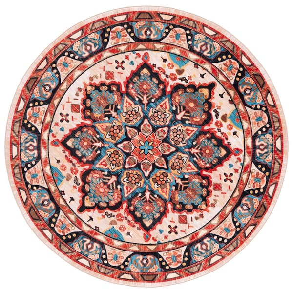 SAFAVIEH Riviera Blue/Beige 7 ft. x 7 ft. Machine Washable Medallion Border Round Area Rug