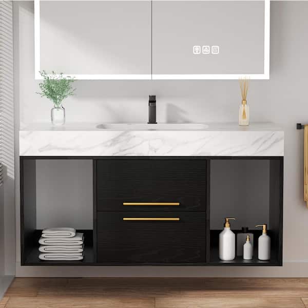 39 in. Single Sink Floating Black Bath Vanity with White Sintered Stone Top, 2 Soft Close Drawer, Gold Handles