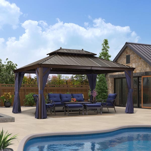 PURPLE LEAF 12 ft. x 16 ft. Patio Outdoor Gazebo for Backyard Hardtop Galvanized Steel Frame with Balls in Navy Blue