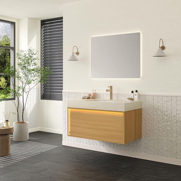 Loiry Modern 36 in. Single Sink Floating Light Oak Bath Vanity with Beige Sintered Stone Top Pre-Assembled