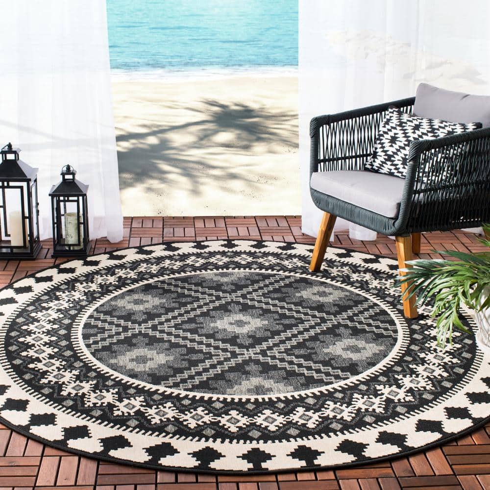 Easycare Veranda Black & Cream Synthetic 3' Round Indoor/Outdoor Rug