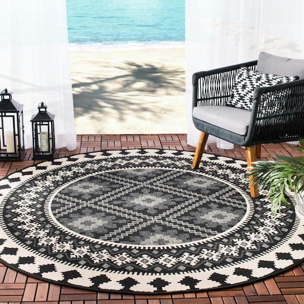 Veranda Black/Creme Doormat 3 ft. x 3 ft. Round Geometric Border Indoor/Outdoor Area Rug