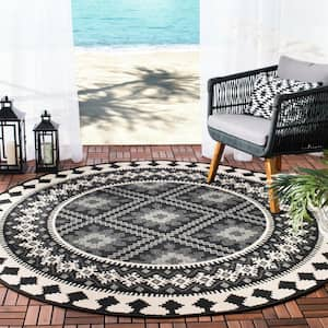 Veranda Black/Cream 8 ft. x 8 ft. Aztec Geometric Indoor/Outdoor Patio  Round Area Rug