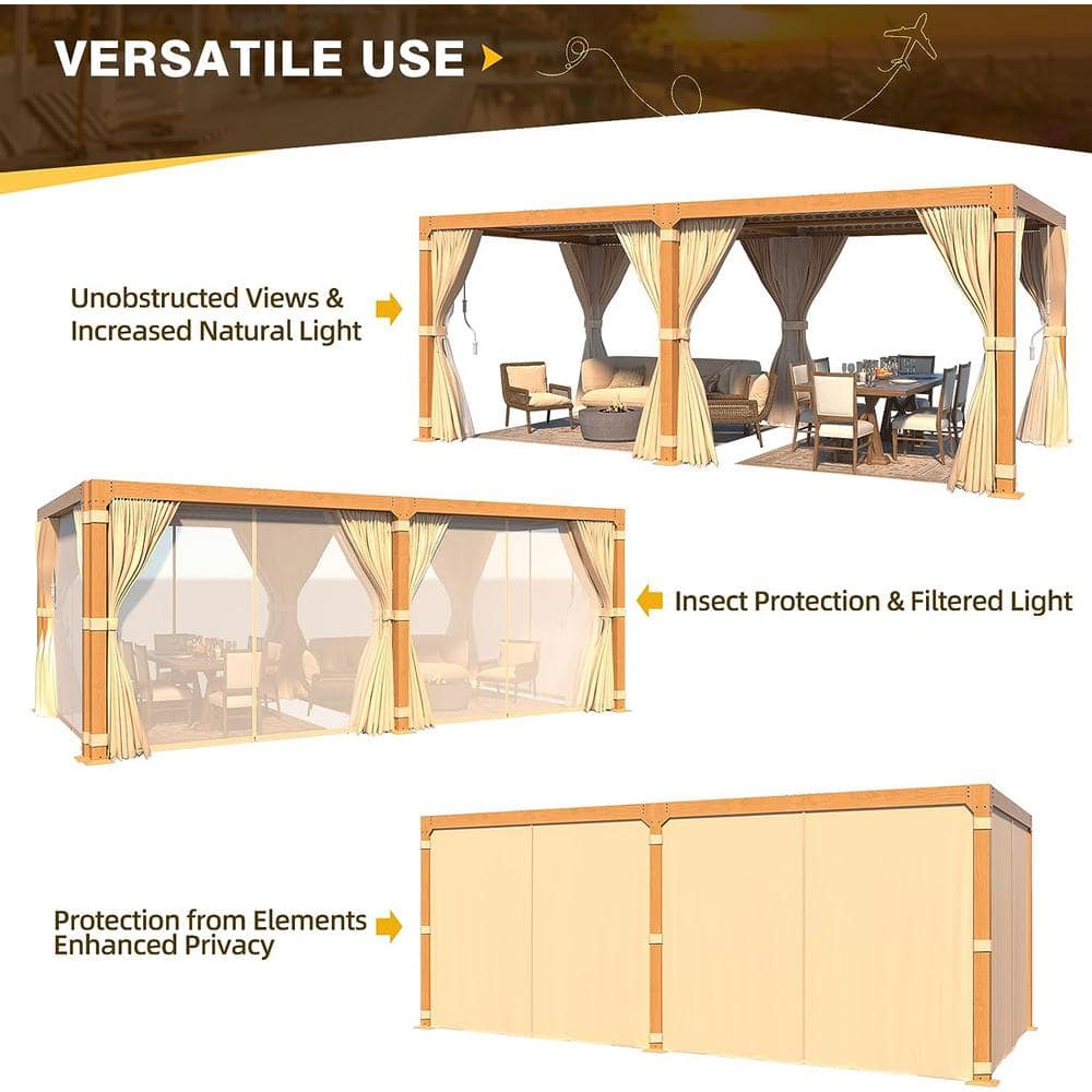 Beige Aluminum Pergola with Adjustable Roof and Curtains