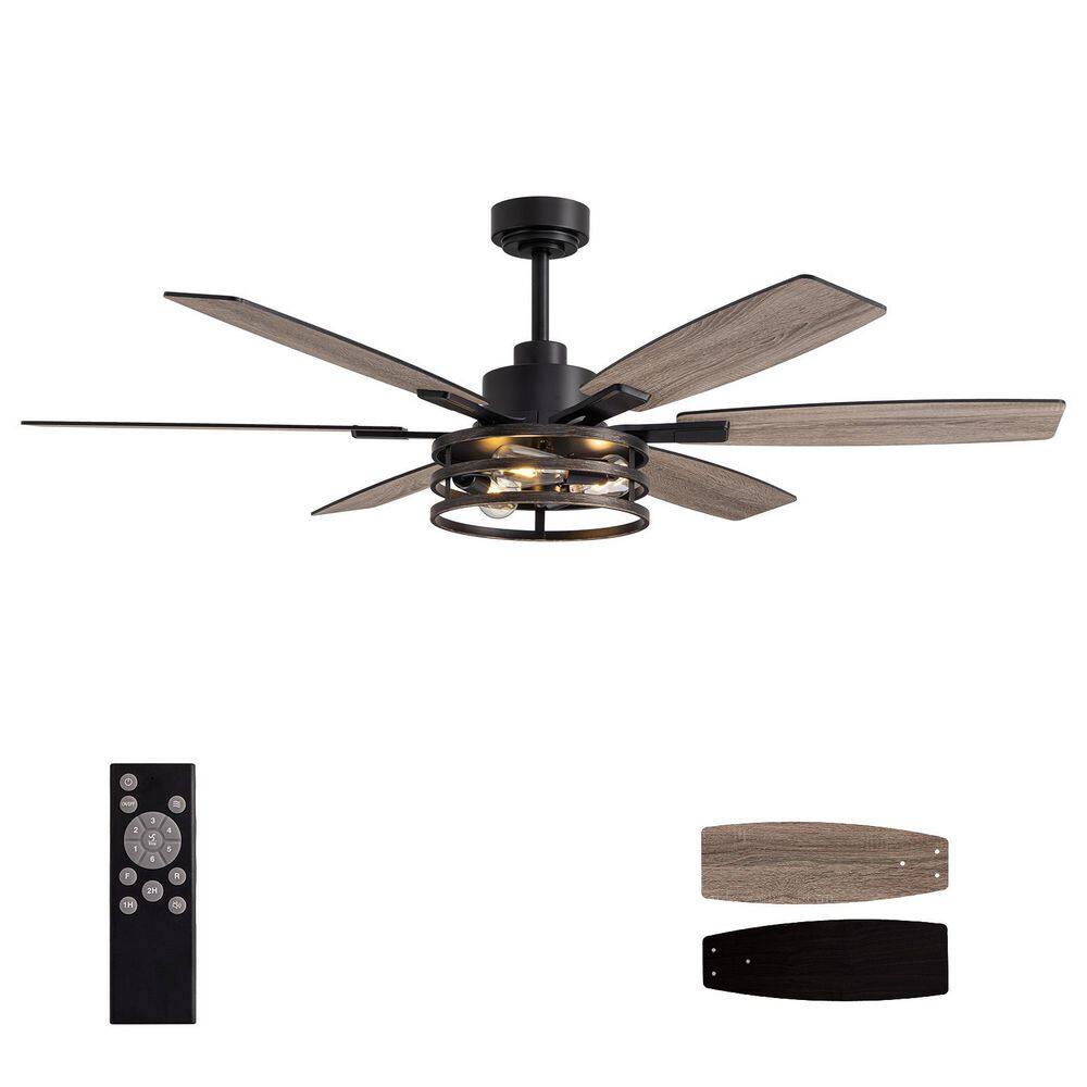 60 in. Indoor Matte Black + Wood Grain Layered Caged Ceiling Fan with Light Kit, Reversible Blades and Remote Included price history on PriceWatchPro