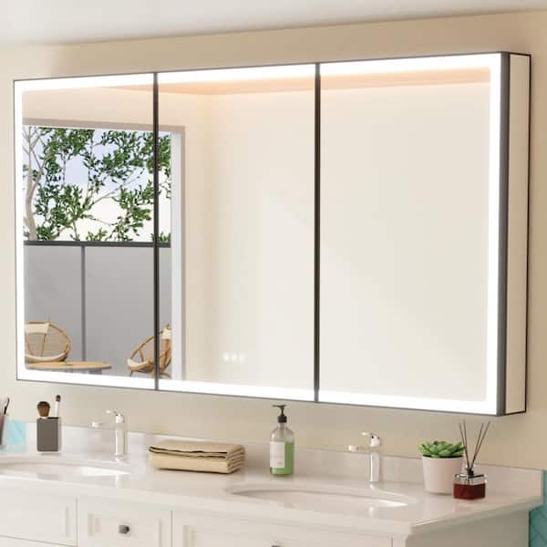 HBEZON Grand 60 in. W x 32 in. H Rectangular Aluminum Medicine Cabinet with Mirror, Dimmable, 3-Color Lighting, Anti-Fog