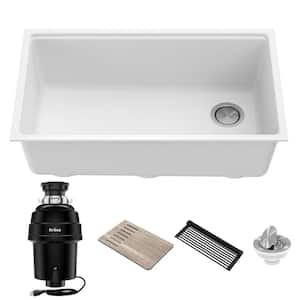 Bellucci 32 in. Undermount Granite Composite Single Bowl Kitchen Sink in White with WasteGuard 1 HP Garbage Disposal