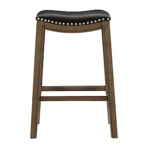 Pecos 30 in. Brown Wood Pub Height Stool with Black Faux Leather Seat