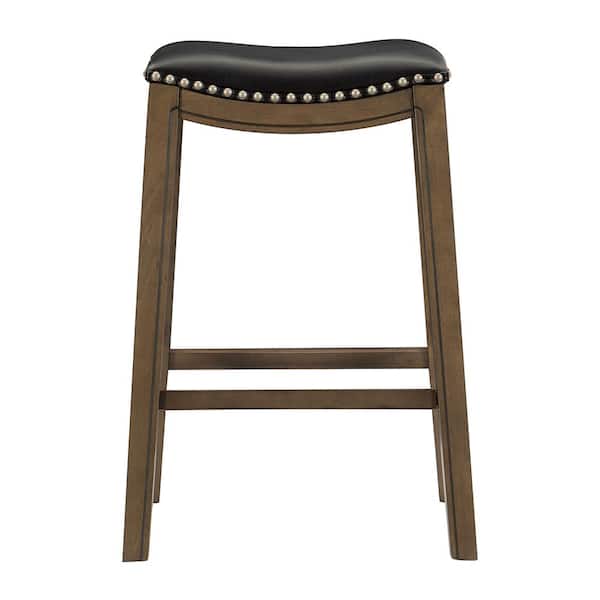 Lazzara Pecos 30 in. Brown Wood Pub Height Stool with Black Faux Leather Seat