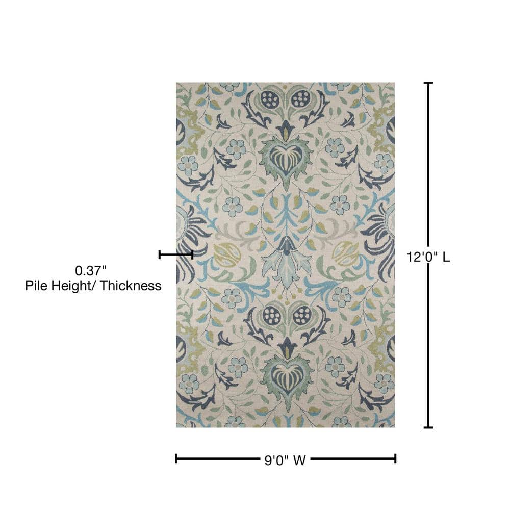 Blue and Ivory Floral Hand-Tufted Wool 9' x 12' Area Rug