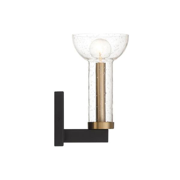 Designers Fountain - Nova 5 in. 1-Light Matte Black Modern Wall Sconce with Clear Seedy Glass Shade and Brushed Gold Accent
