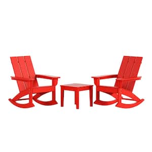 Shoreside Red HDPE Plastic Modern Rocking Poly Adirondack Chair Set of 2 With Side Table