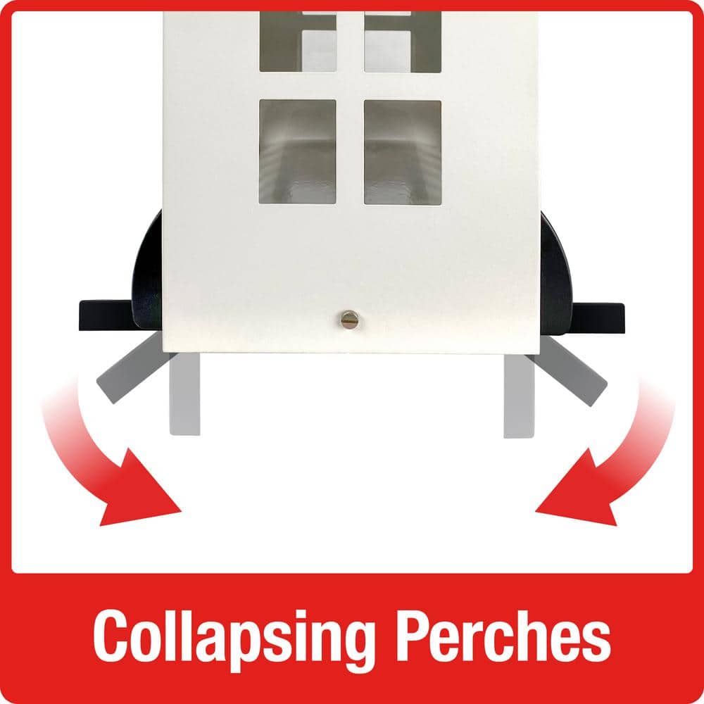 White and Black Metal Squirrel Resistant Hanging Hopper Feeder