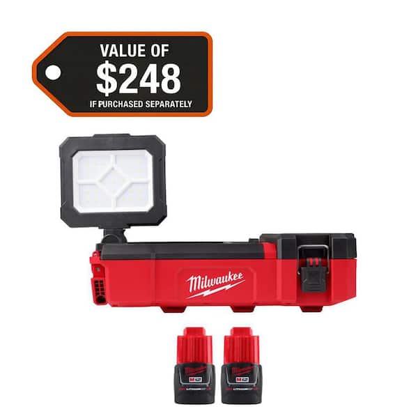 M12 12-Volt Lithium-Ion Cordless PACKOUT Flood Light & M12 12-Volt 1.5 Ah Lithium-Ion Compact Battery 2-Pack