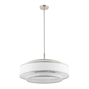 24 in. 5-Light Brushed Nickel Double Shaded Drum Chandelier with White Fabric Shade