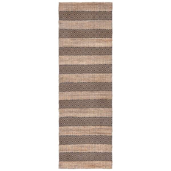 SAFAVIEH Natural Fiber Charcoal/Beige 2 ft. x 8 ft. Striped Woven Runner Rug