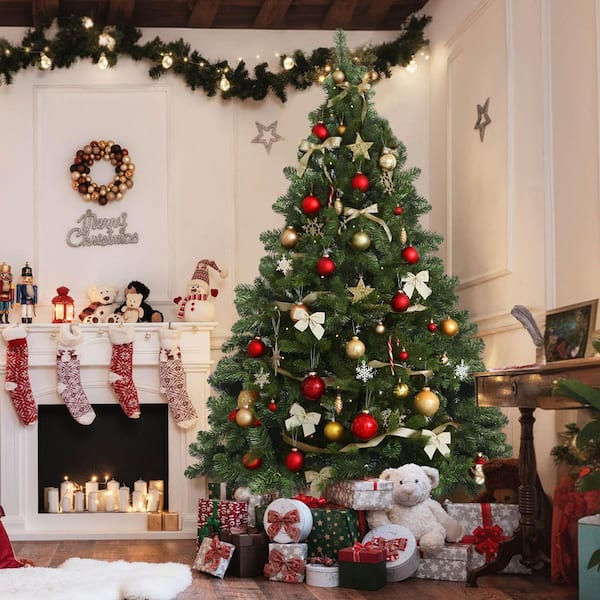 6 ft. Hinged Artificial Christmas Tree with 480 Branch Tips and Foldable Metal Stand for Home, Office, and Holiday Decor