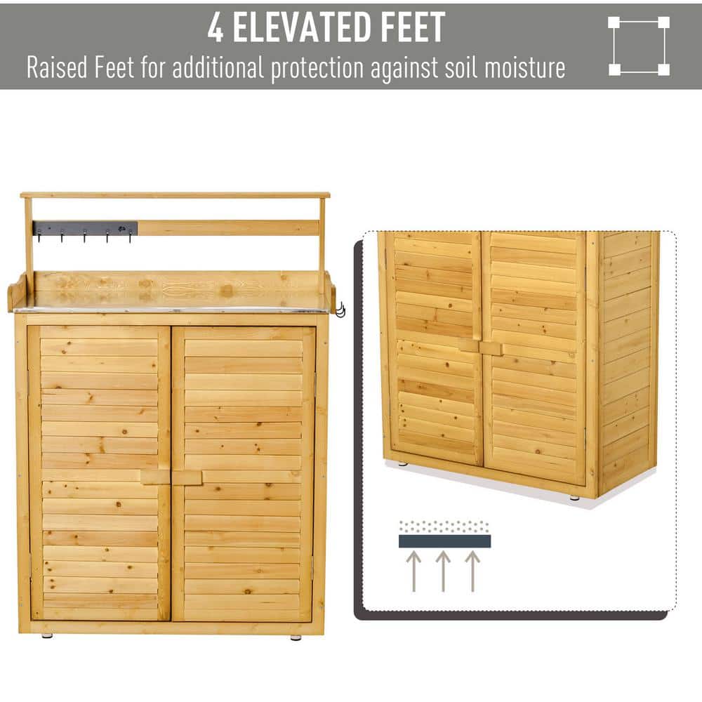 Natural Fir Wood Garden Potting Bench with Hooks and Shelves