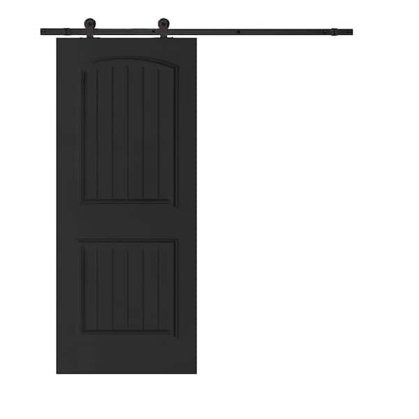 CALHOME Elegant Series 30 in. x 80 in. Black Stained Composite MDF 2 Panel Camber Top Sliding Barn Door with Hardware Kit
