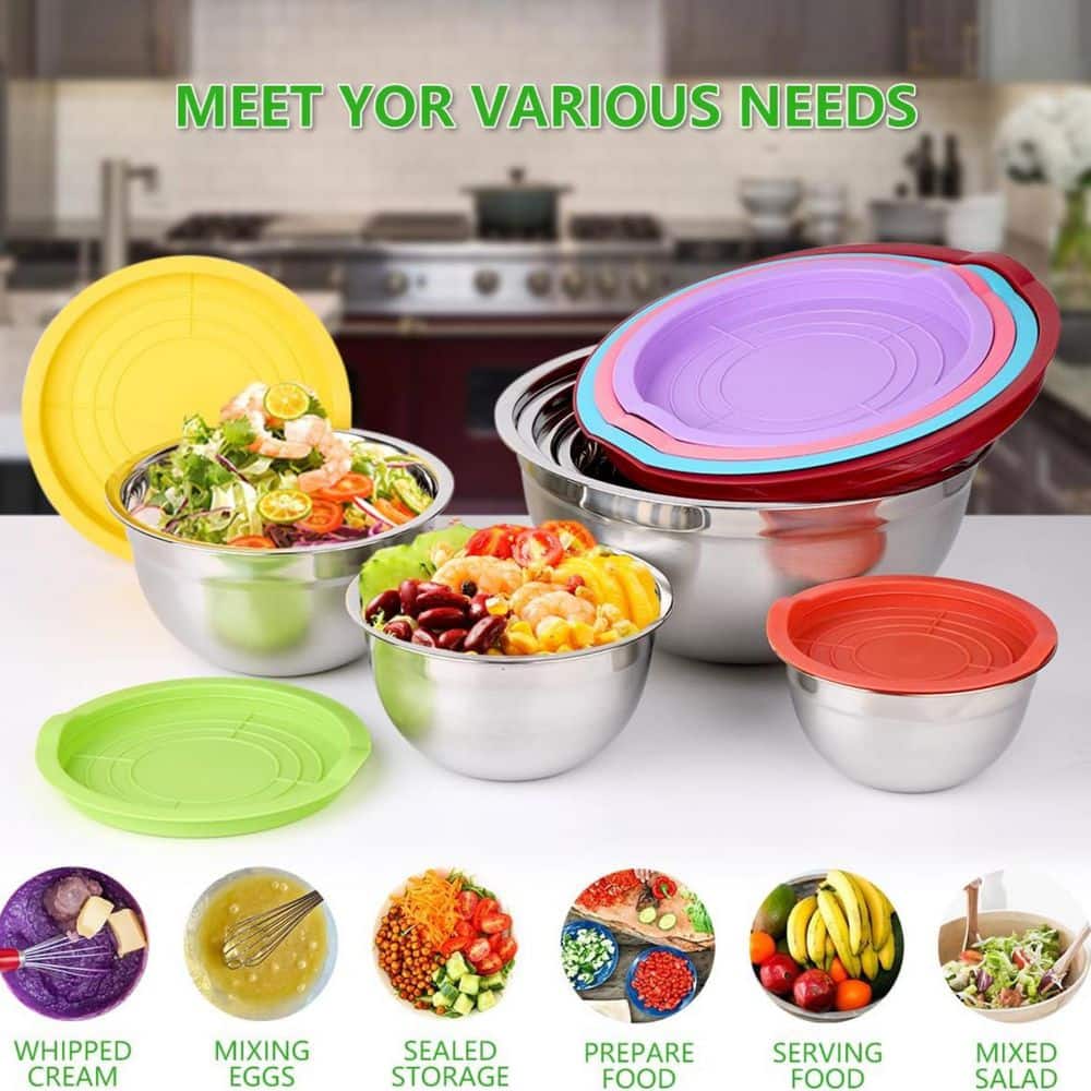 Stainless Steel Mixing Bowls Set with Lids-7 Sizes (5QT to 0.7QT) and 11 Cooking Utensils for Baking, Mixing and Serving - Thumbnail 3