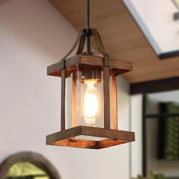LNC 1-Light Rustic Caged Textured Dark Brown Farmhouse Pendant Light with Modern Clear Glass Shade and Antique Wood Accent