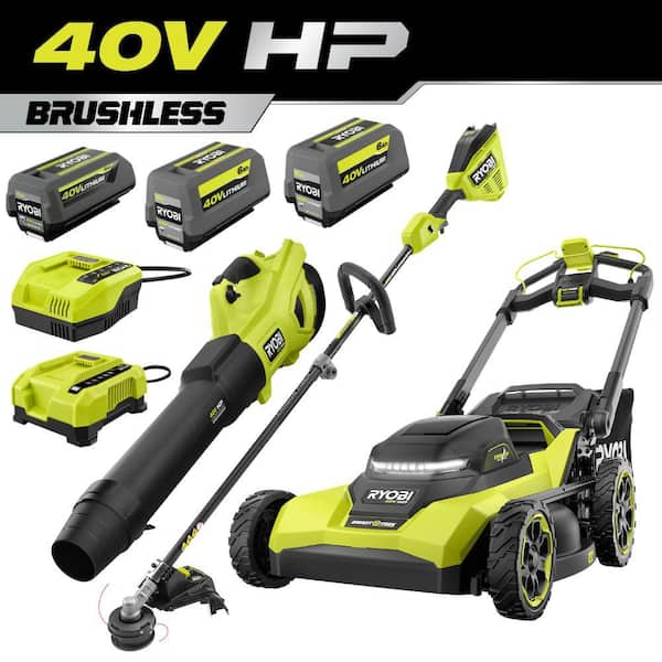 40V HP Brushless 21 in. Cordless Multi-Blade Self-Propelled Mower, Blower & Trimmer w/ (3) Batteries & (2) Chargers