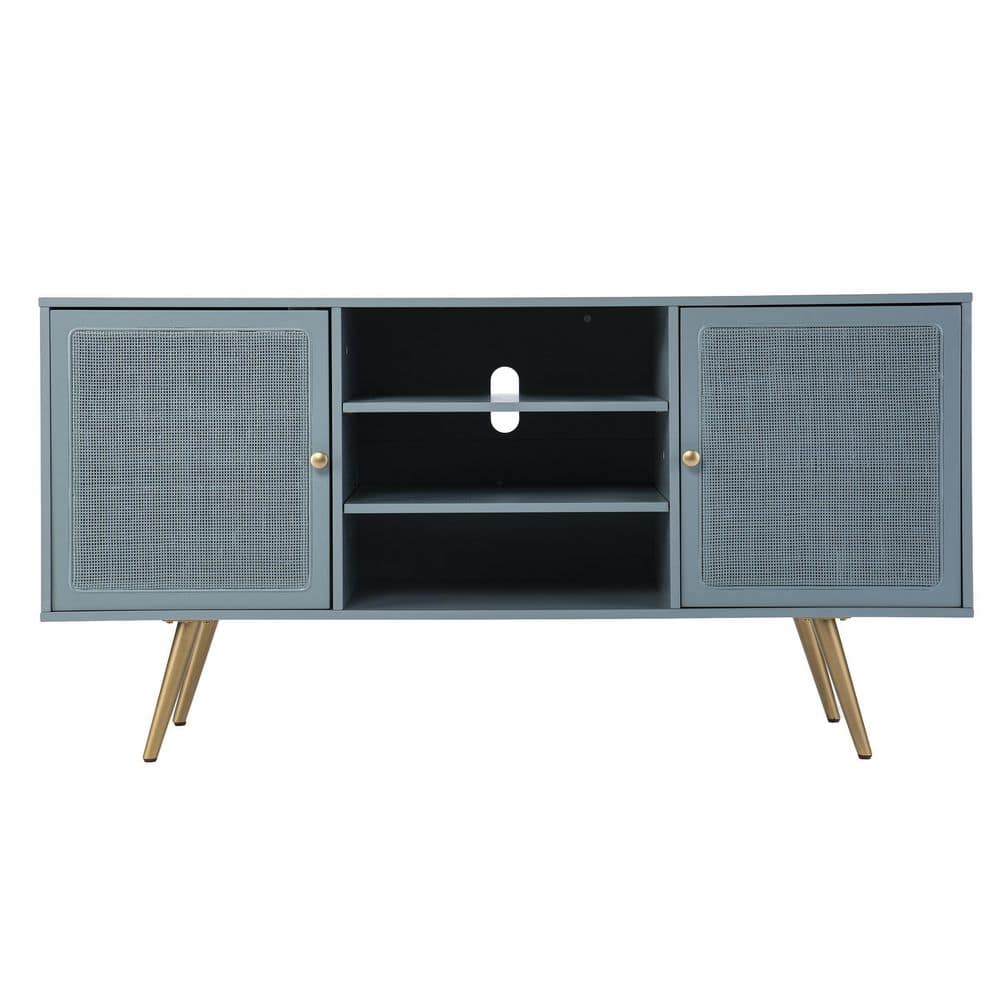 Teal Green and Gold Rattan Media Console with Adjustable Shelves