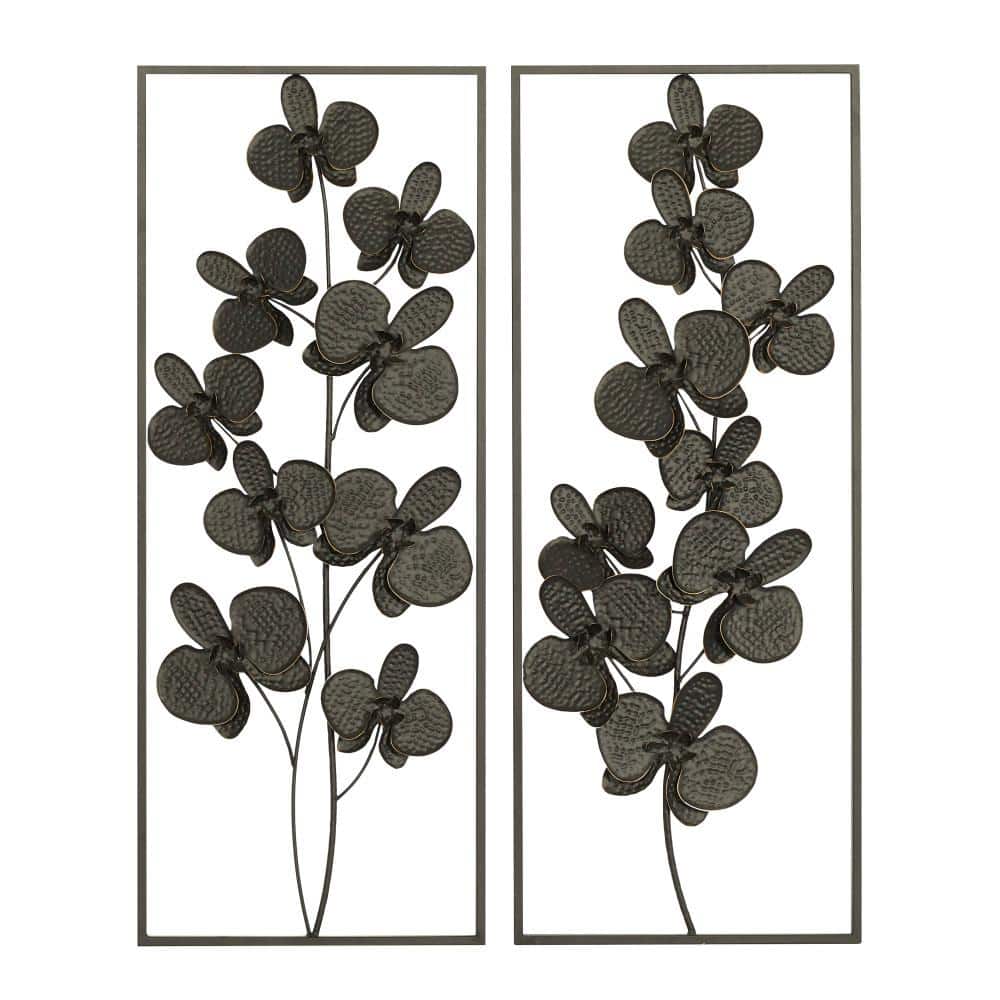 Elegant Black Orchid Metal Wall Sculpture Set, 14"W x 36"H