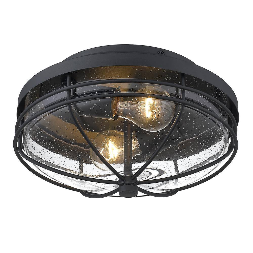 Seaport Transitional 12" Black Outdoor Flush Mount with Seeded Glass