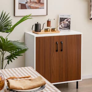 2-Door White and Walnut Wood 28.5 in. Sideboard Buffet Storage Cabinet Kitchen Cupboard with Adjustable Shelf