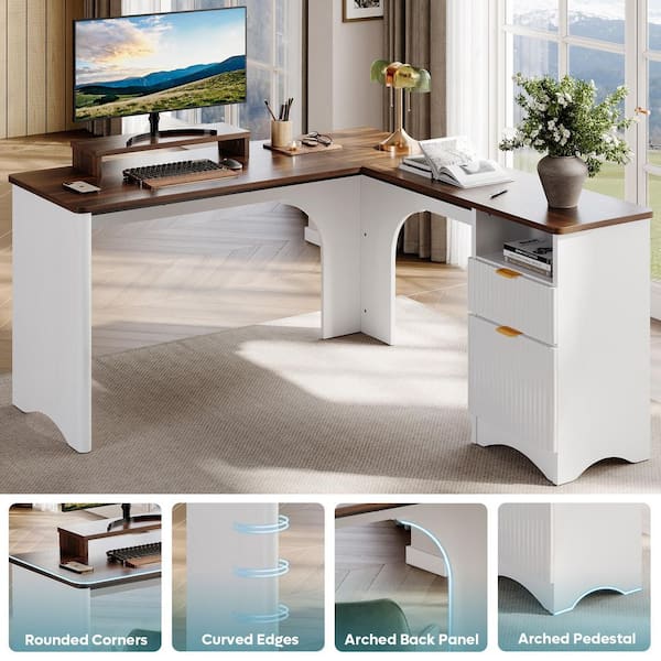 Bestier 55 in. White and Walnut L-Shaped Home Office Desk with