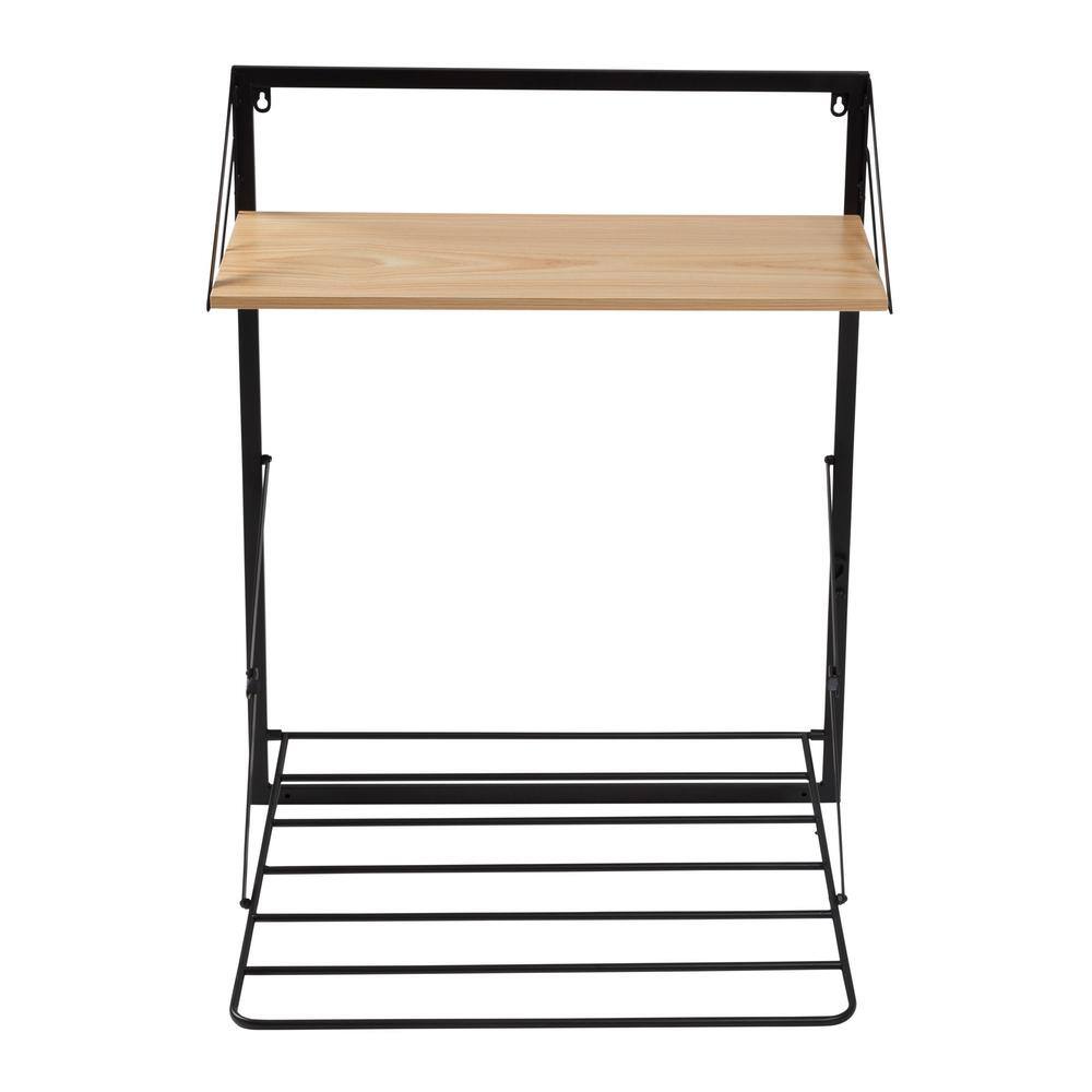 Black and Maple Wall-Mounted Folding Drying Rack with Shelf
