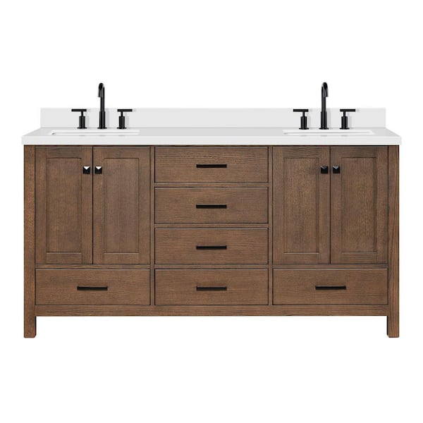 Cambridge 66 in. Double Sink Freestanding Bathroom Vanity in Brown Oak with Pure White Quartz Top