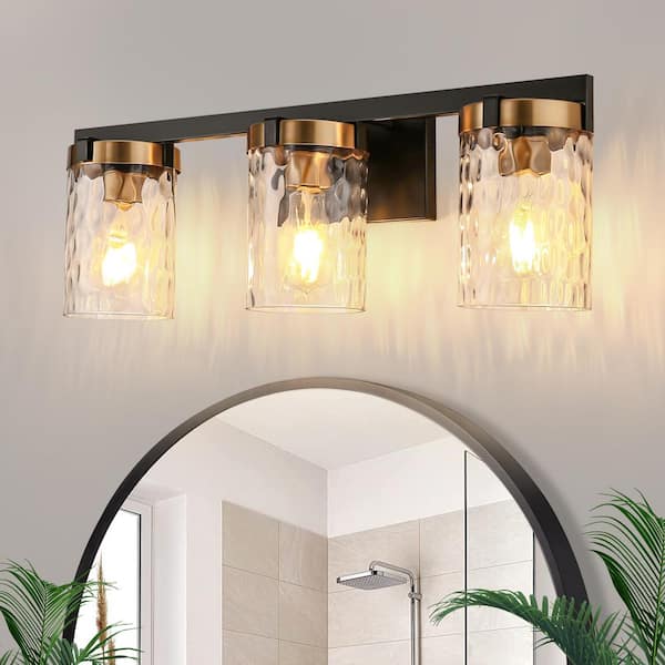 24 in. 3-Light Black and Gold Bathroom Vanity Light with Textured Glass for Vanity, Bathroom, and Powder Room
