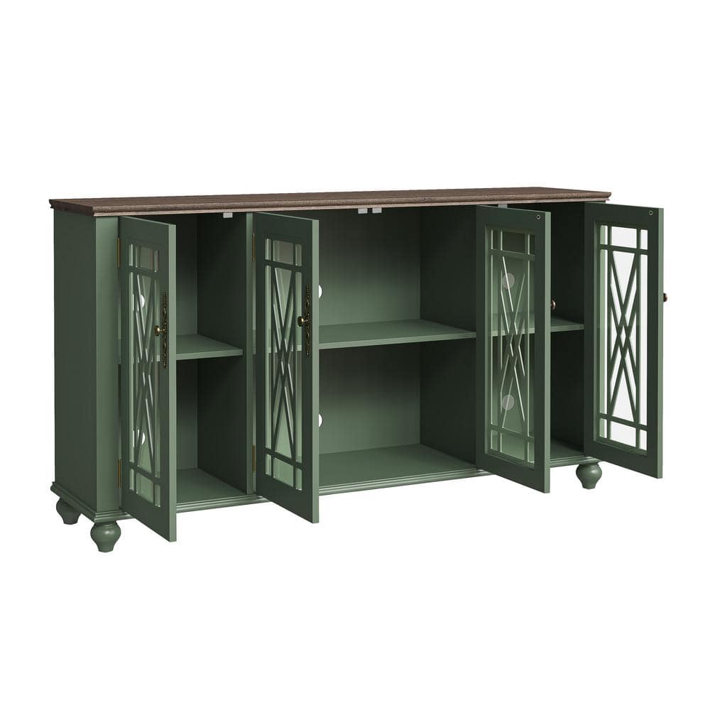 Green Vintage Style Wood Buffet Sideboard Cabinet with Glass Doors