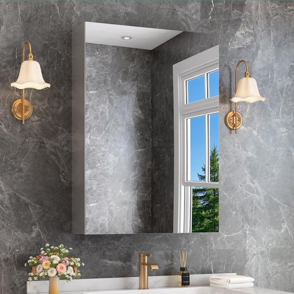 15 in. W x 24 in. H Rectangular Silver Aluminum Alloy Recessed/Surface Mount Medicine Cabinet with Mirror